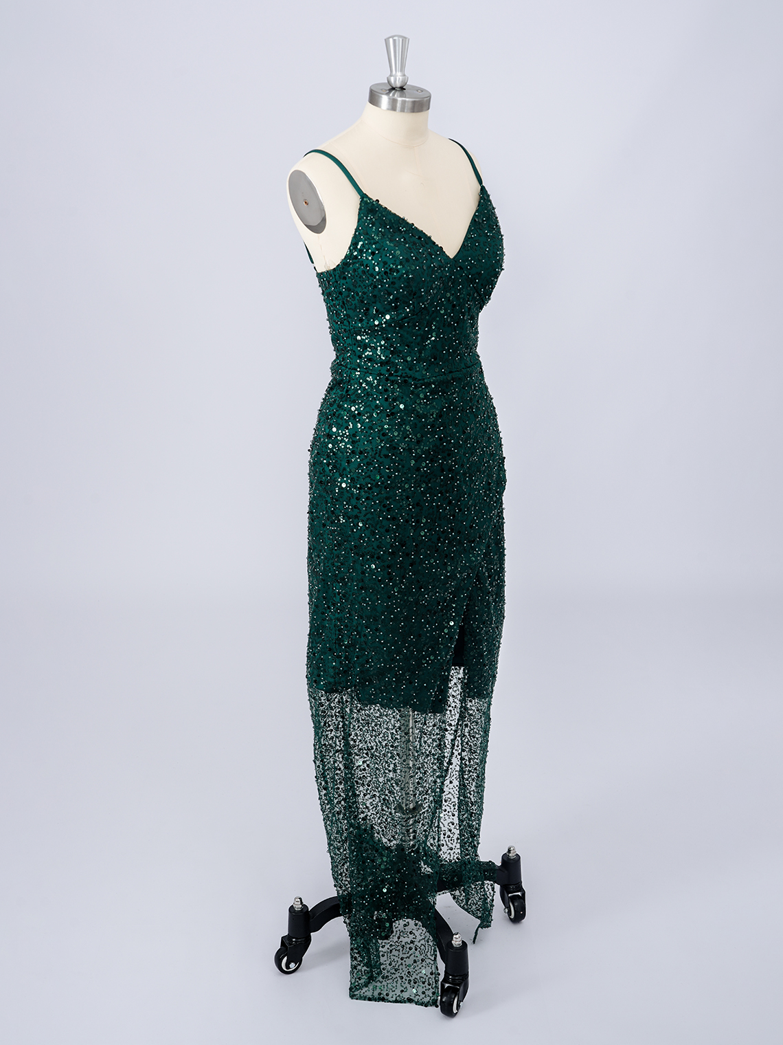 Dark Green Sheath Sequins Spaghetti Floor Length Wih Slit Prom Dress