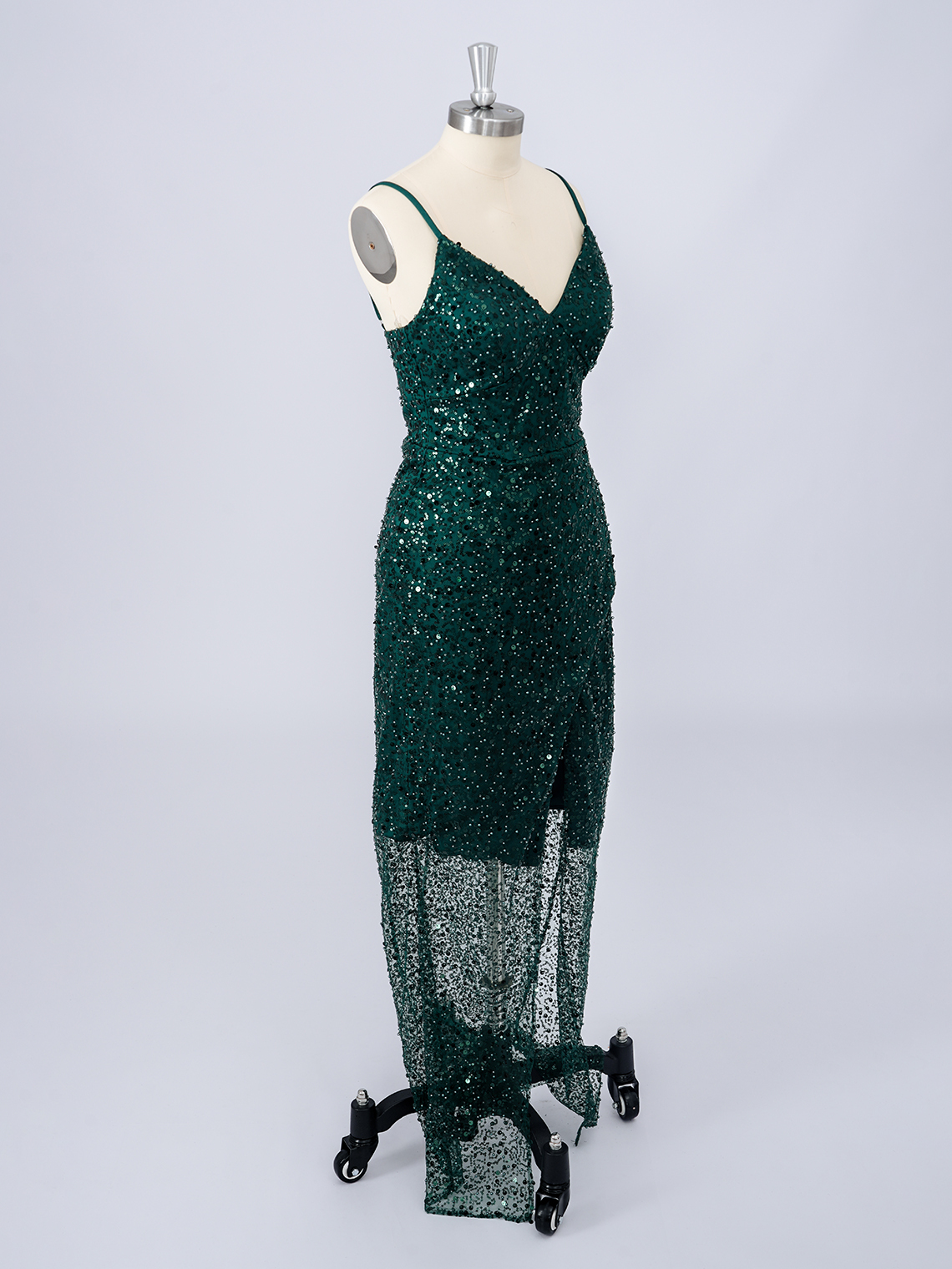 Dark Green Sheath Sequins Spaghetti Floor Length Wih Slit Prom Dress