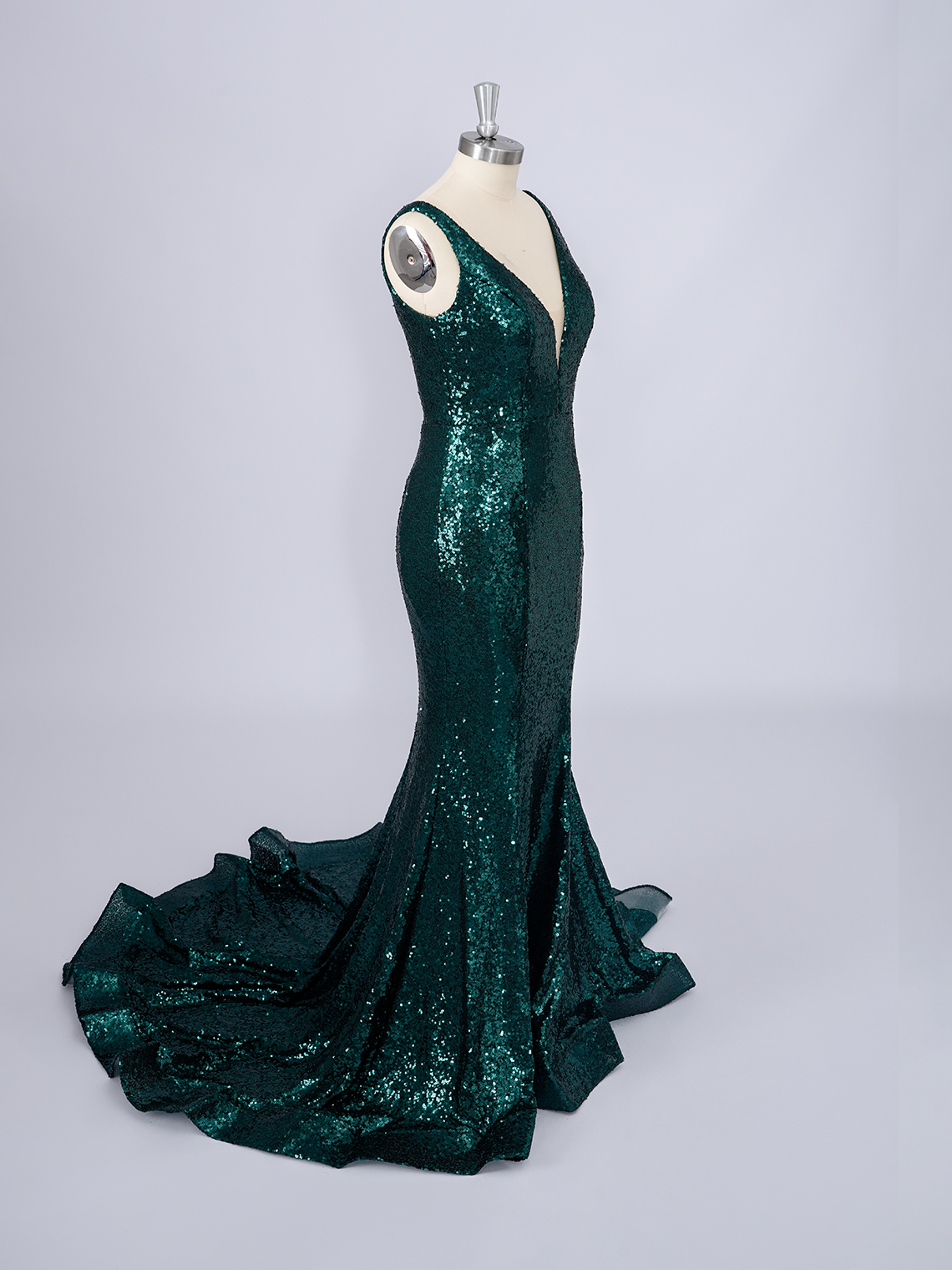 Sparkle Mermaid Sequins Deep V-neck Court Train Long Prom Dress