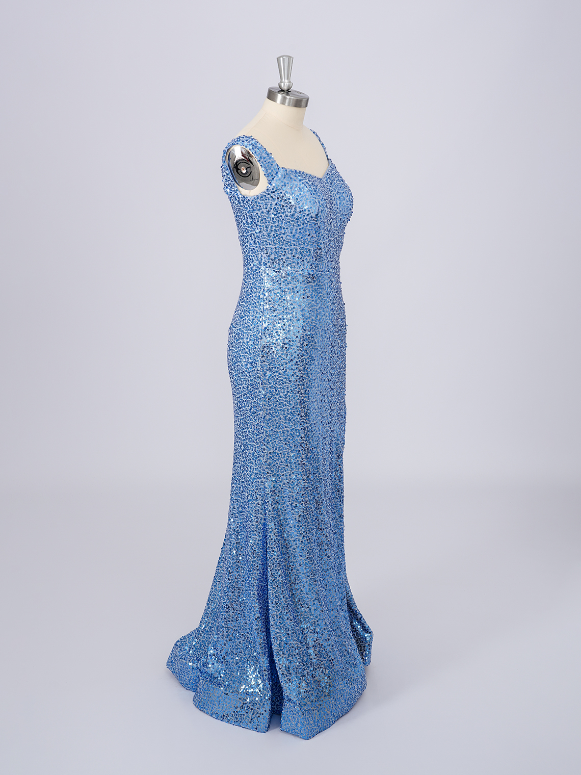 Blue Mermaid Sequins Square Neck With Slit Long Prom Dress