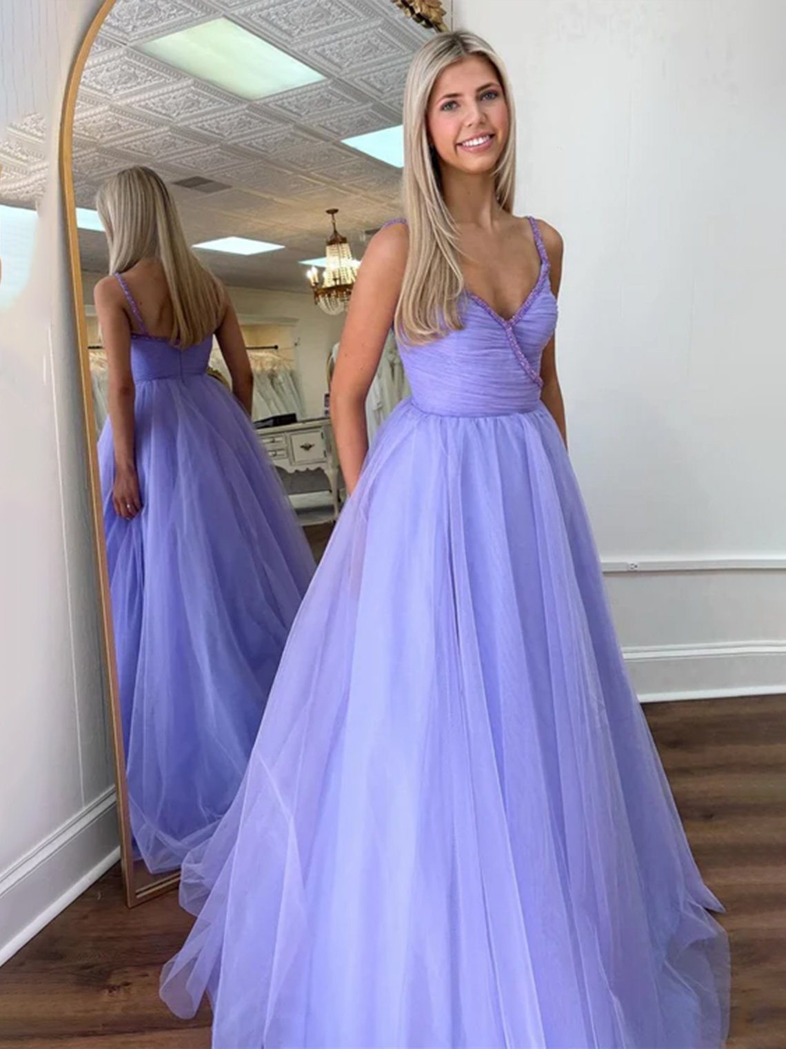 A-line V Neck Lavender Beaded Surplice Tulle Sweep Train Prom Dress
