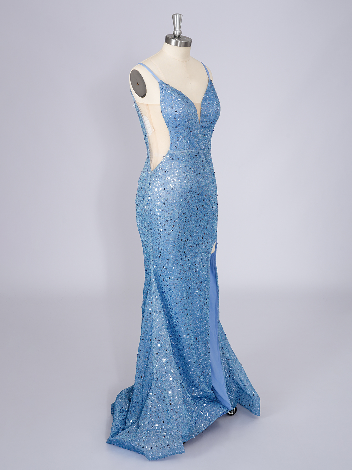 Blue Mermaid  Deep V Neck Backless With High Split Long Prom Dress