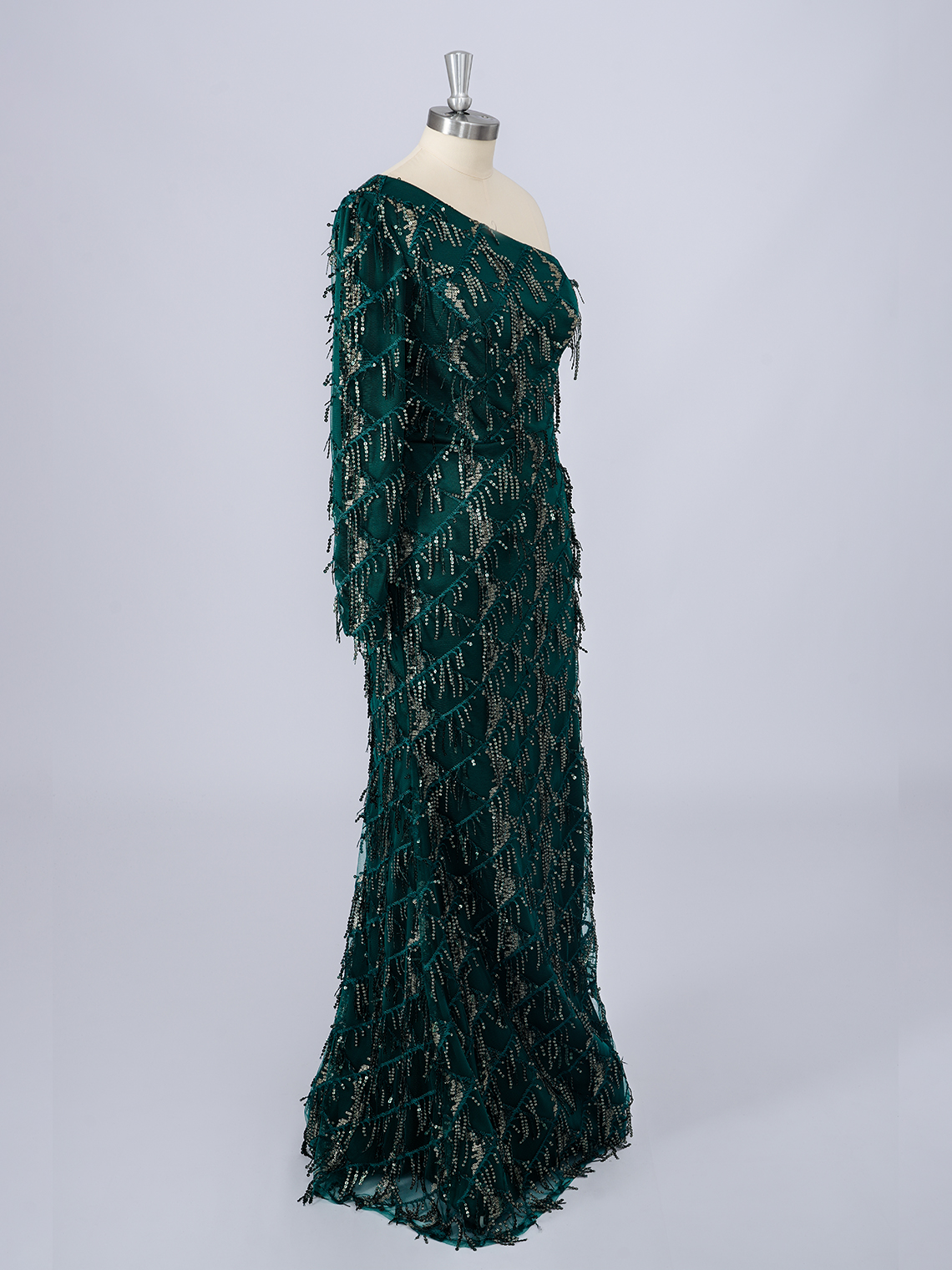 Dark Green Sequins One Shoulder Long Sleeves With Tassel Prom Dress