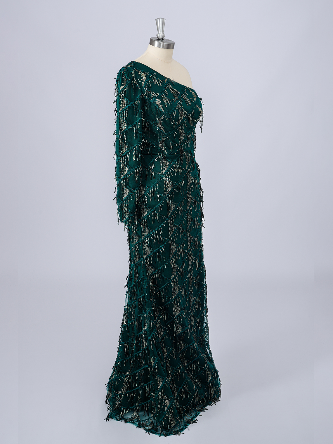 Dark Green Sequins One Shoulder Long Sleeves With Tassel Prom Dress