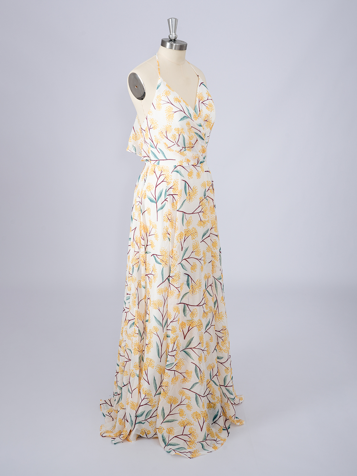 A-Line Yellow Dress with floral patterns Halter Long Prom Dress