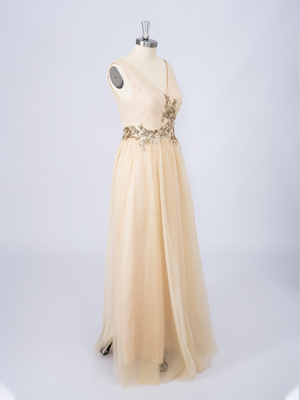 Pearl Pink A-Line V Neck Floor Length with Appliques Evening Dress