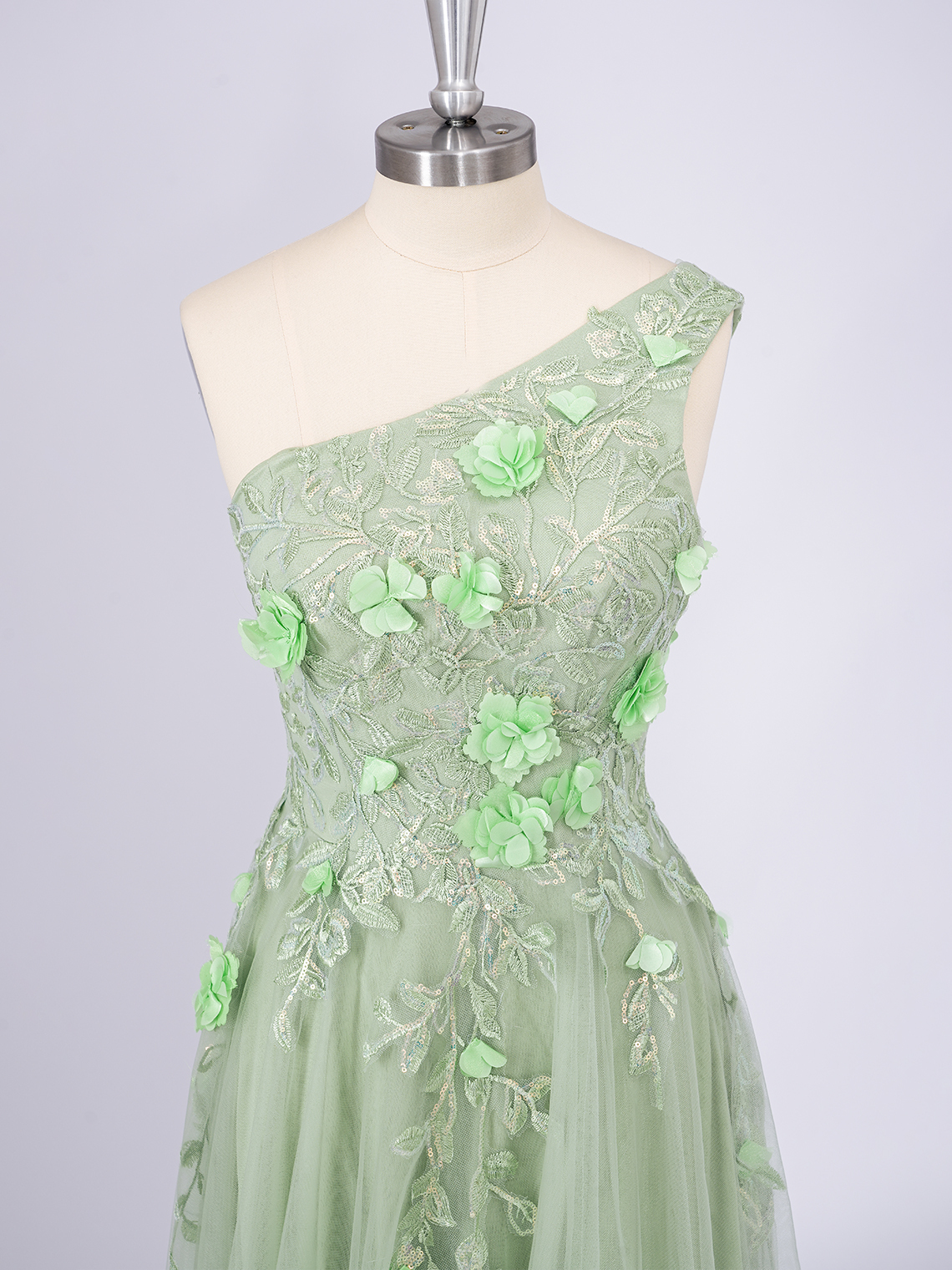 Dusty Sage A-Line Tulle One Shoulder With Appliques Long Prom Dress