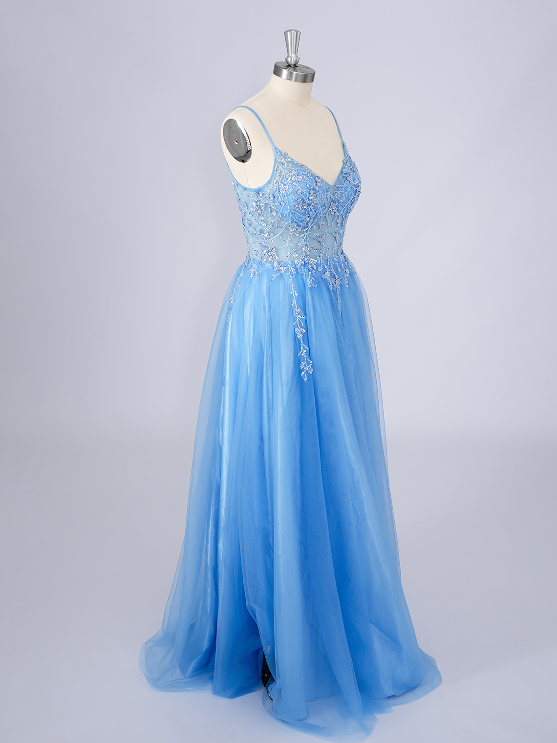 Ocean Blue A-Line Tulle Floor Length Appliques With Beading Prom Dress