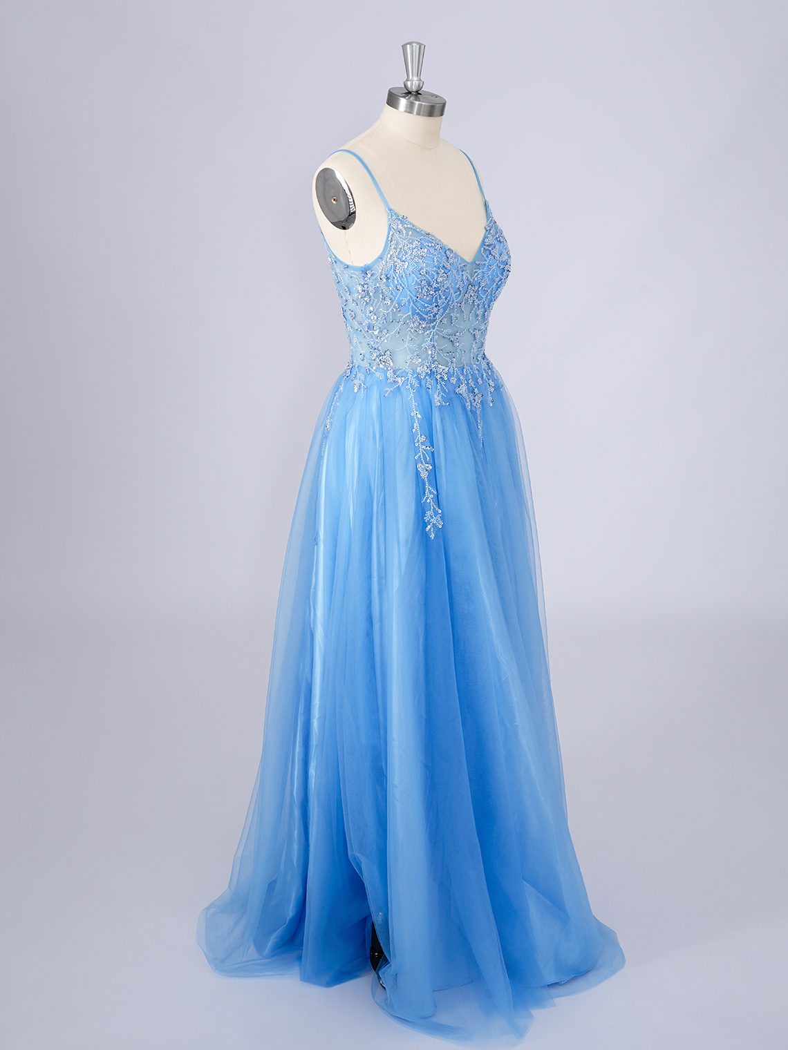 Ocean Blue A-Line Tulle Floor Length Appliques With Beading Prom Dress