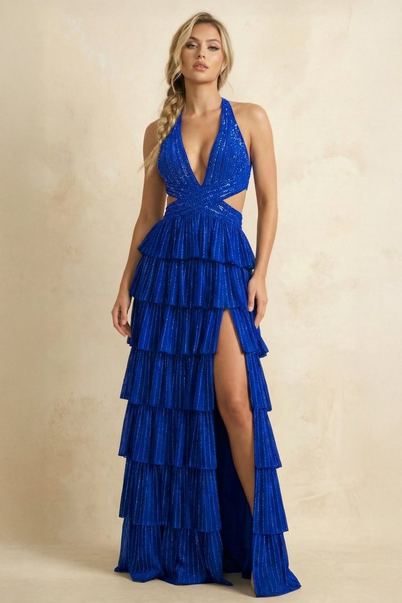 Royal Blue A-Line Halter Satin Beaded Long Prom Dresses With Ruffles Evening Dresses in Royal Blue, US2
