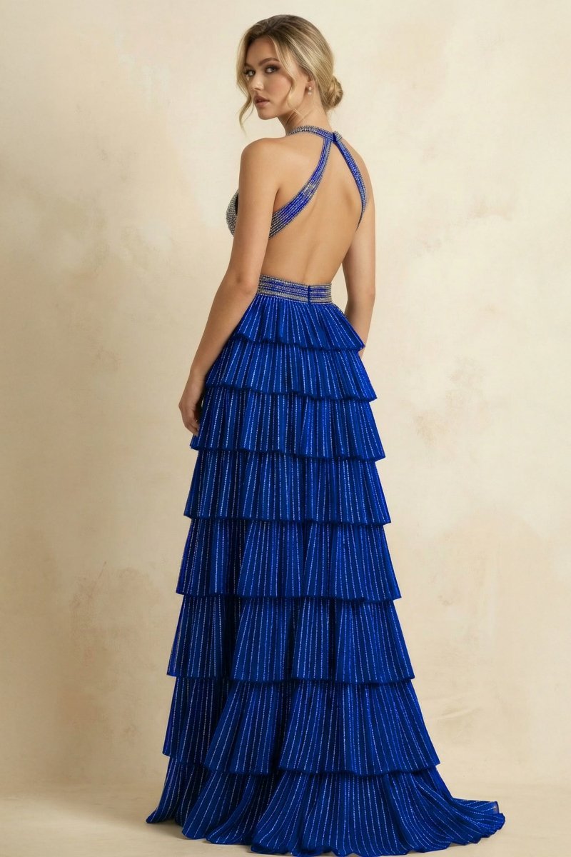 Royal Blue A-Line Halter Satin Beaded Long Prom Dresses With Ruffles Evening Dresses, product image 2
