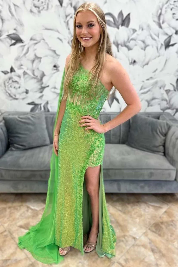 Mermaid/Trumpet Sequin Slit Lace Appliques One-Shoulder Sweep/Brush Train Long Formal Dress Evening Dress