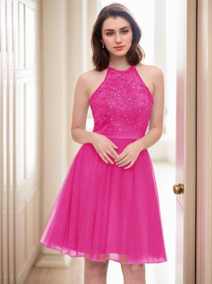 Dress A-line Halter Neck Knee Length Appliqued Sequins Homecoming Dress