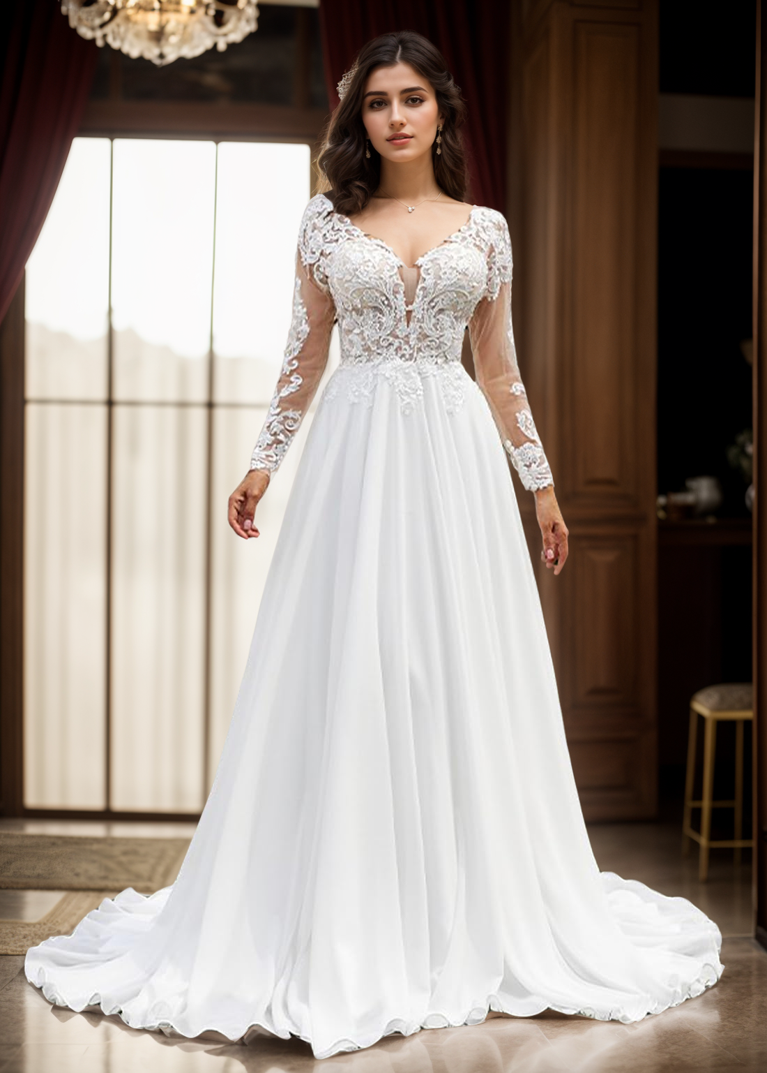 A-Line/Princess Wedding Dresses Chiffon Applique V-Neck Long Sleeves Sweep/Brush Train Bridal Gowns 2024