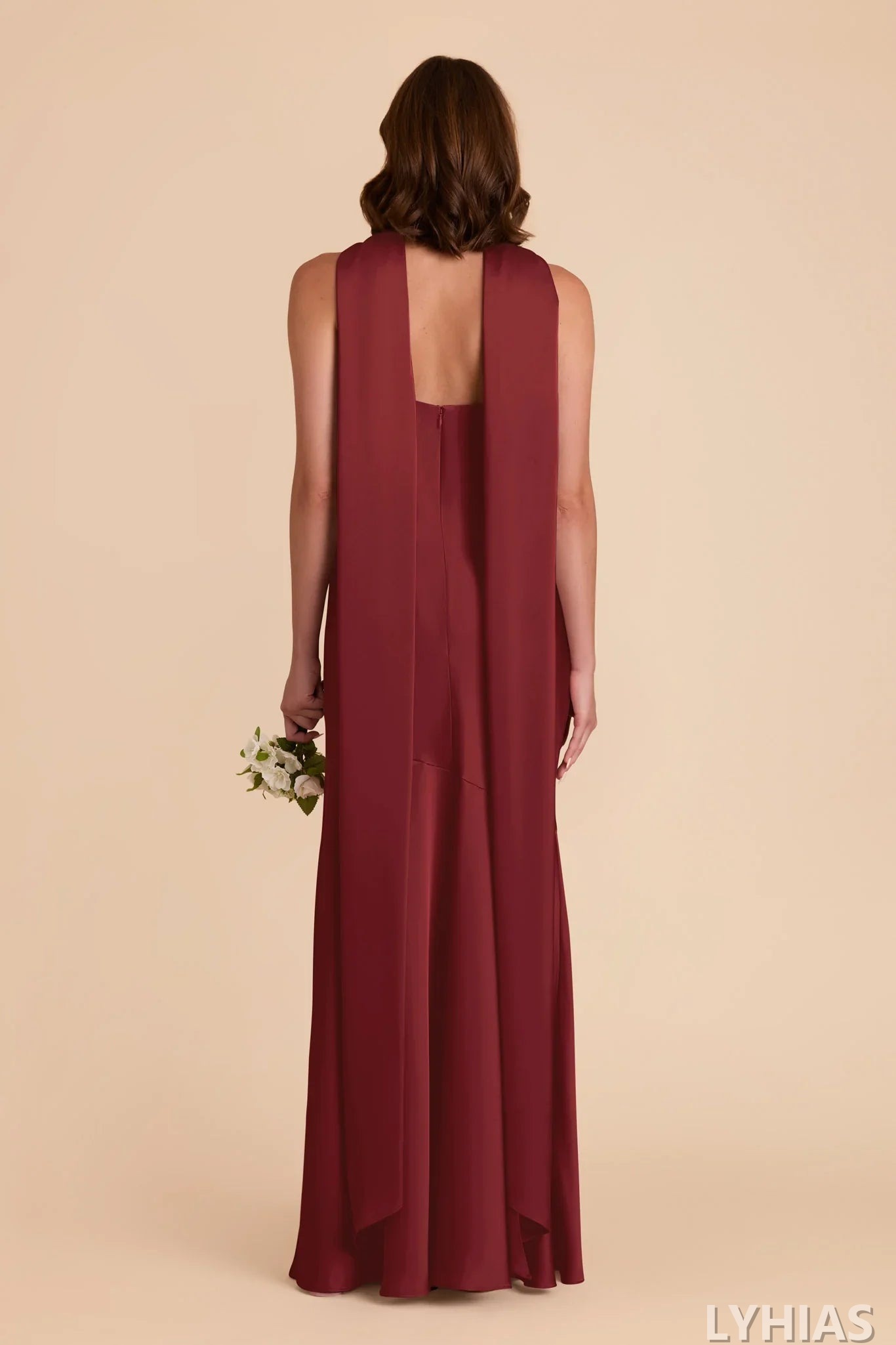 Burgundy Satin Halter Floor-Length Sheath/Column Bridesmaid Dresses with High Slit