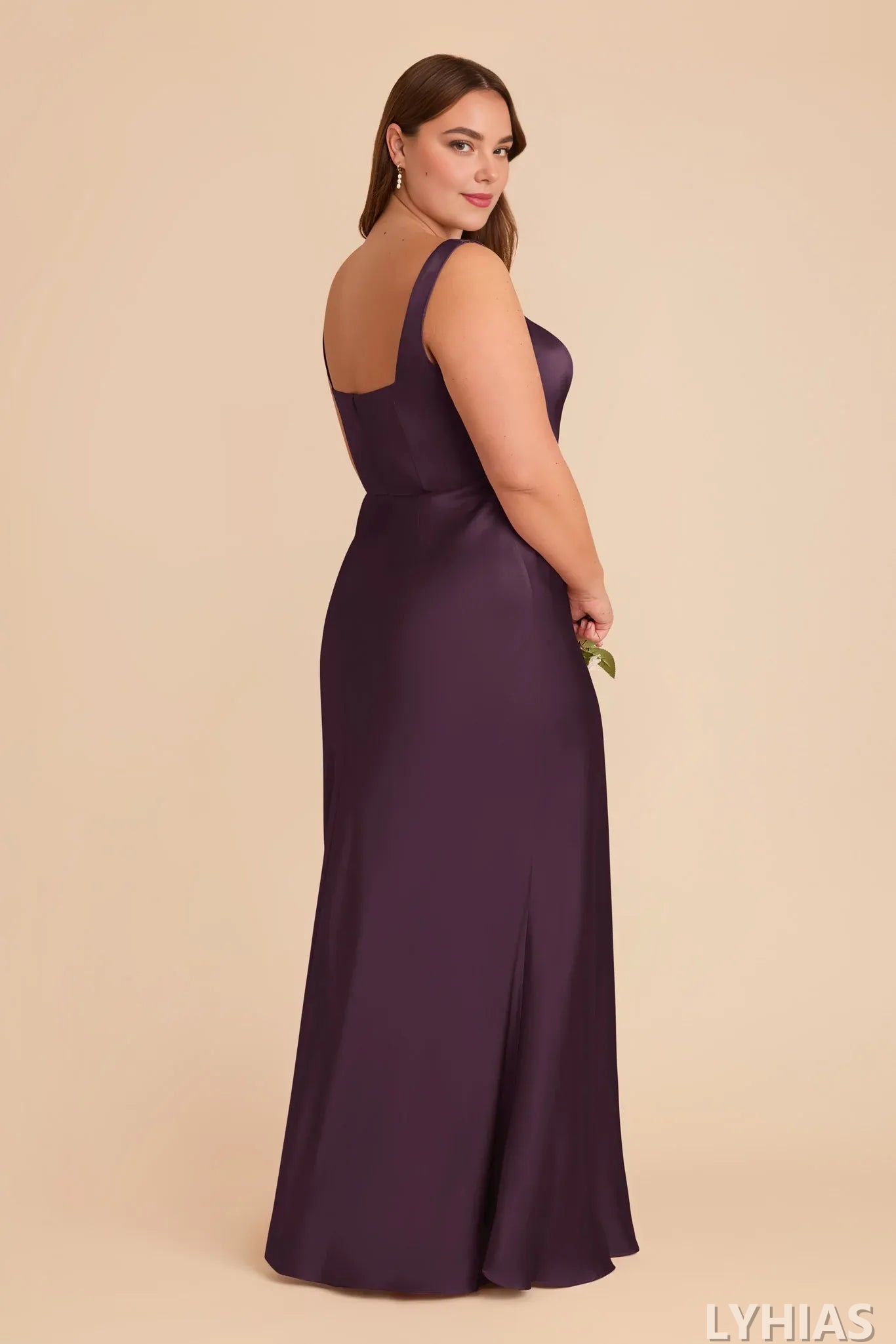 Mulberry Satin A-Line Floor-Length Bridesmaid Dresses | Square Neck, Tie-Shoulder Straps & High Slit