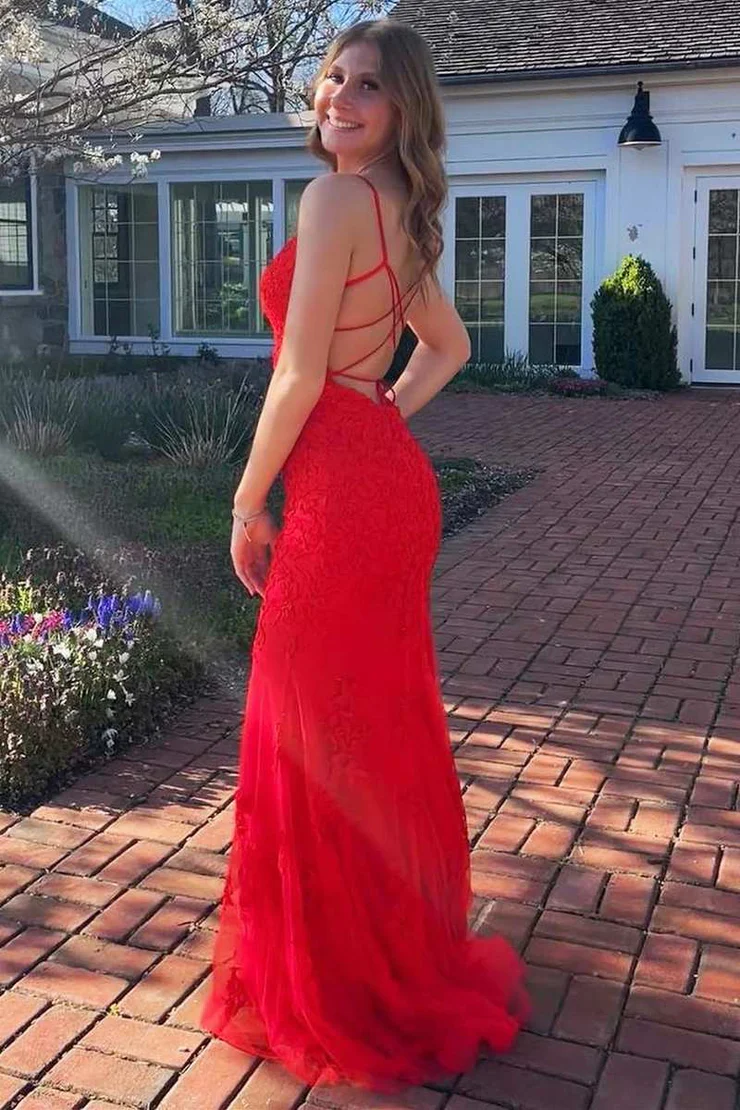 Mermaid/Trumpet V-Neck Spaghetti Straps Sweep/Brush Train Applique Long Prom Dress Evening Dress
