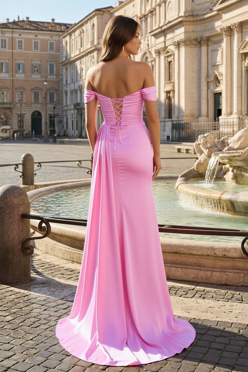 Pink Mermaid Off The Shoulder Satin Beaded Long Prom Dresses With Slit Evening Dresses, product image 2