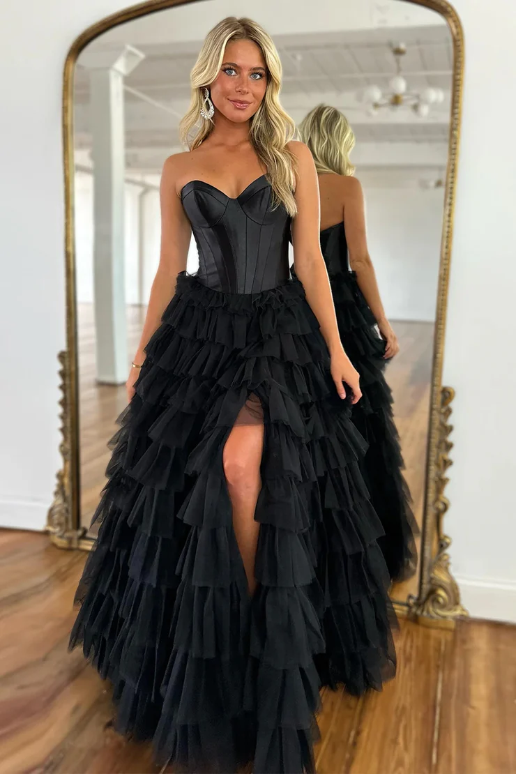 A-Line&Princess Slit Tulle Sweetheart Pleated Long Prom Dress Evening 