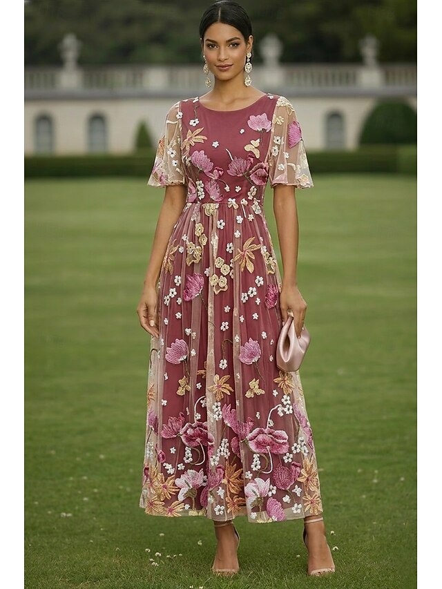 a-line ankle length mother of the bride dresses wedding guest dresses cocktail dresses short sleeve crew neck elegant casual chiffon tulle, supplier image 11