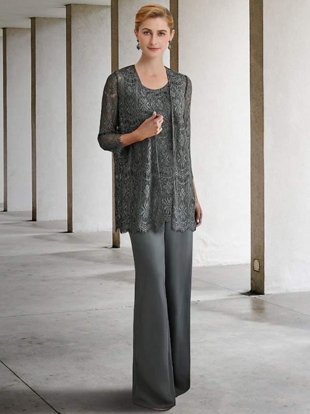 3 piece jumpsuit pantsuit floor-length mother of the bride dress wedding guest dress formal dress jewel neck sleeveless chiffon lace elegant, supplier image 7