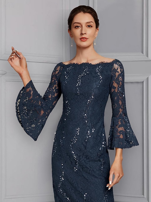 two piece sheath column knee-length mother of the bride dress wedding guest dress formal dress off-the-shoulder 3/4 sleeves chiffon lace elegant, supplier image 6