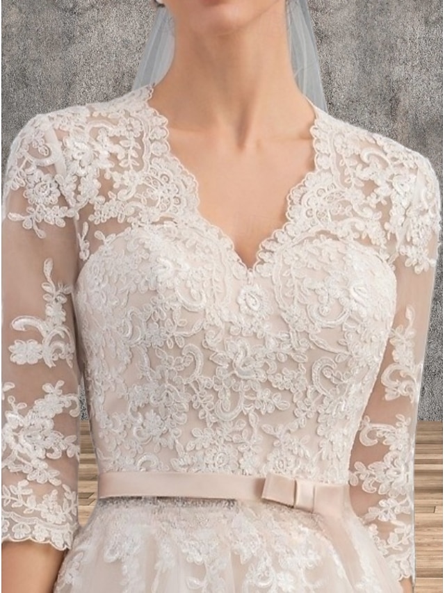 a-line tea-length little white dress wedding dress v-neck 3/4 sleeves satin tulle, supplier image 4