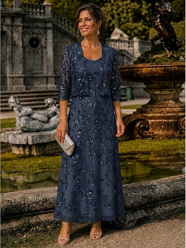 two piece a-line ankle length mother of the bride dresses 3/4 length sleeve scoop neck elegant simple luxurious lace with beading, supplier image 7