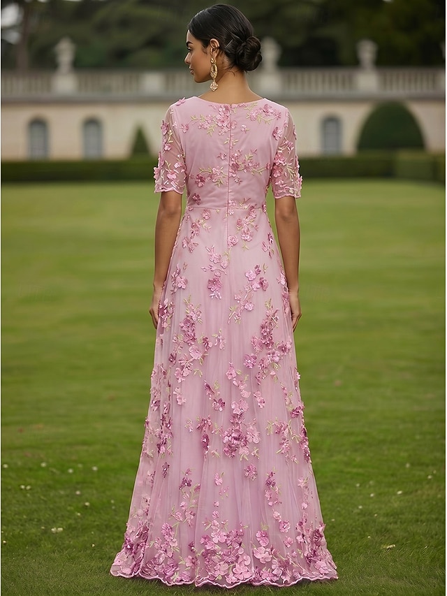 a-line floor length mother of the bride dresses cocktail dresses party dresses short sleeve plunging neck elegant vintage luxurious chiffon tulle, supplier image 2