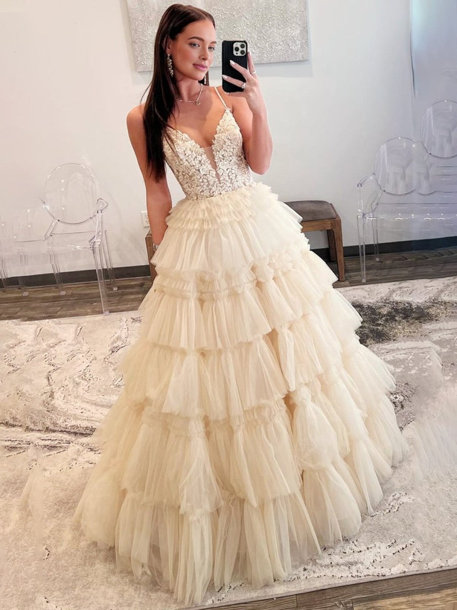 Black Beaded Spaghetti Strap Ruffle Tiered Ball Gown Evening Dresses