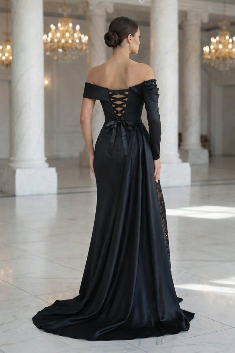 Sheath Off-The-Shoulder Long Sleeves Satin/Sequined Prom Dresses Evening Dresses