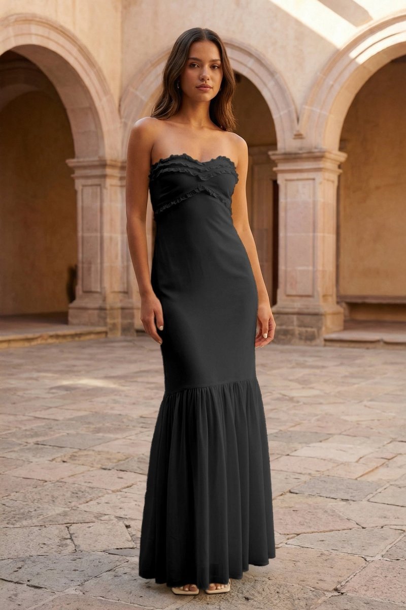 Yellow Strapless Sheath Chiffon Long Prom Dresses With Ruffles Evening Dresses, product image 3
