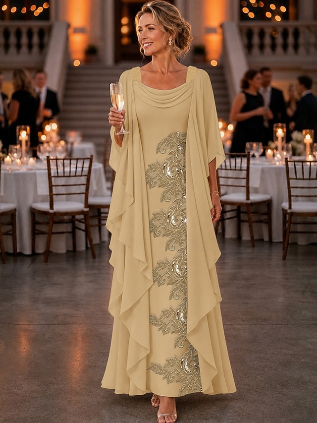 a-line mother of the bride dresses ankle length chiffon with beading half sleeve scoop neck elegant, supplier image 1