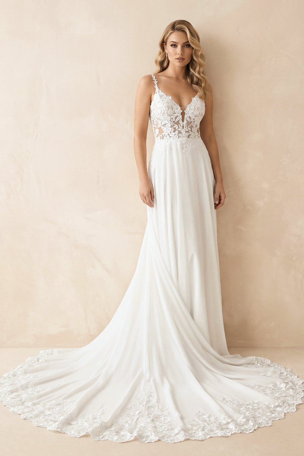 Boho A-Line V Neck Chiffon Wedding Dresses with Appliques