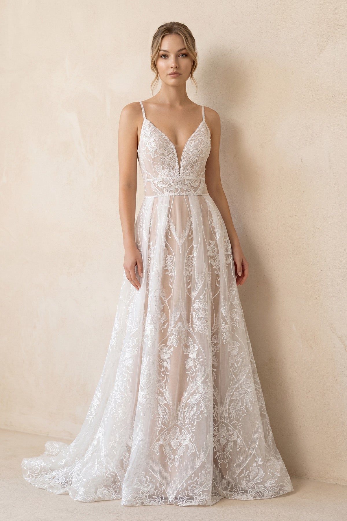 Boho A-Line V Neck Lace V Neck Wedding Dresses