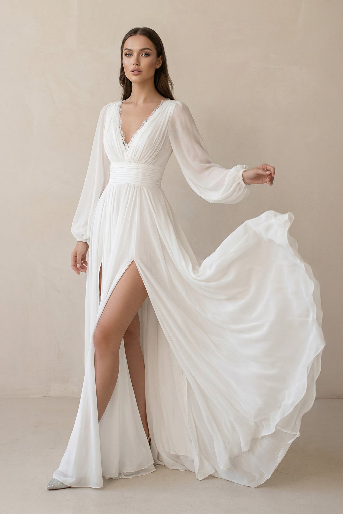 Boho A-Line White V Neck Long Sleeve Wedding Dresses