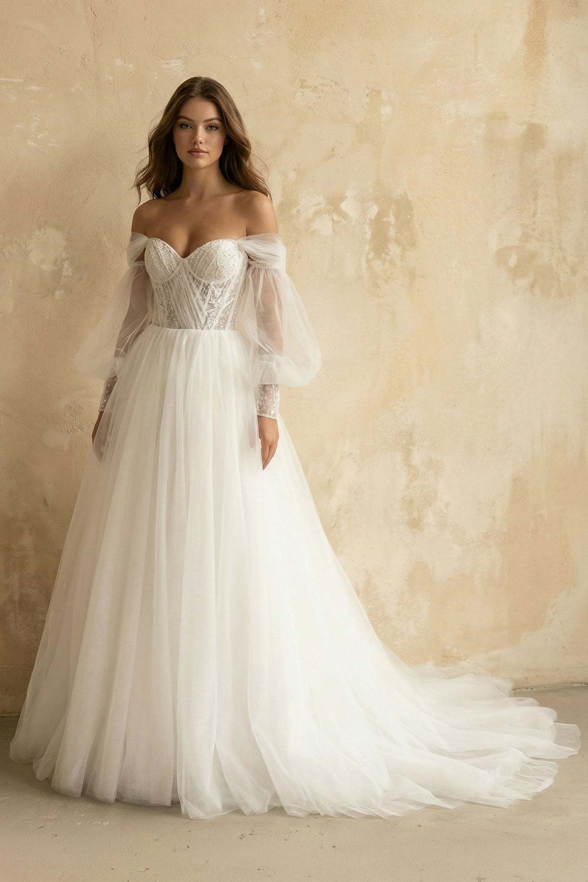 Boho A-Line Wedding Dresses Detachable Long Puff Sleeve