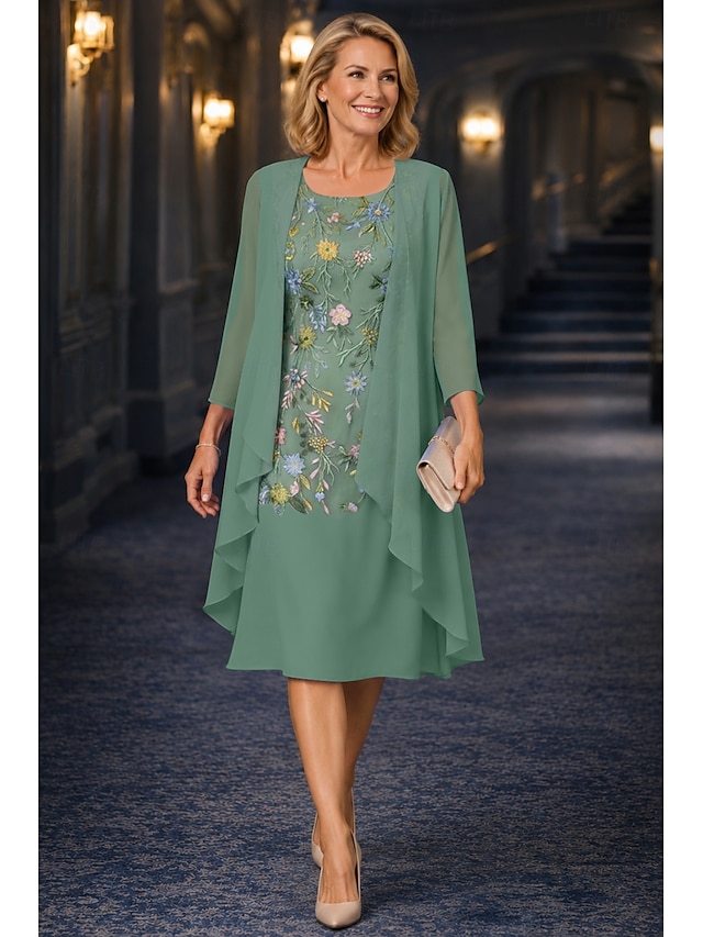two piece a-line tea length mother of the bride dresses 3/4 length sleeve half sleeve scoop neck elegant simple casual chiffon lace with ruffles, supplier image 1