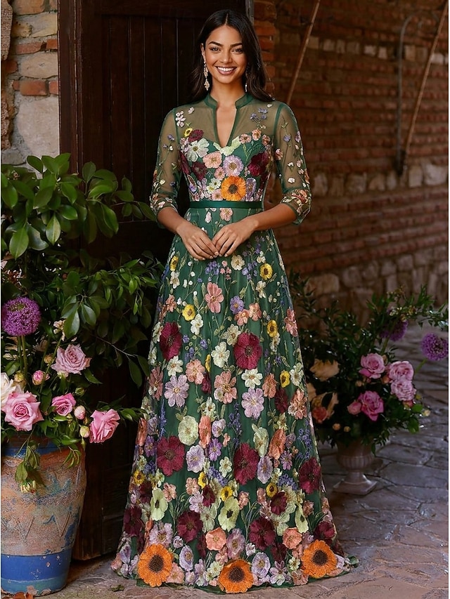 a-line mother of the bride dresses floor length chiffon satin tulle with 3d flowers v neck elegant, supplier image 1