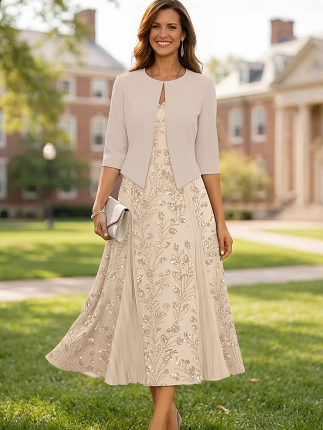two piece a-line mother of the bride dresses wedding guest dresses tea length chiffon lace v neck, supplier image 13