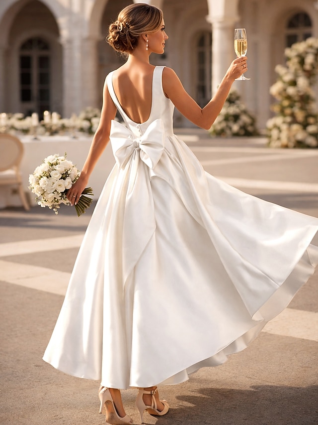 a-line ankle-length little white dress wedding dress square neck satin, supplier image 3