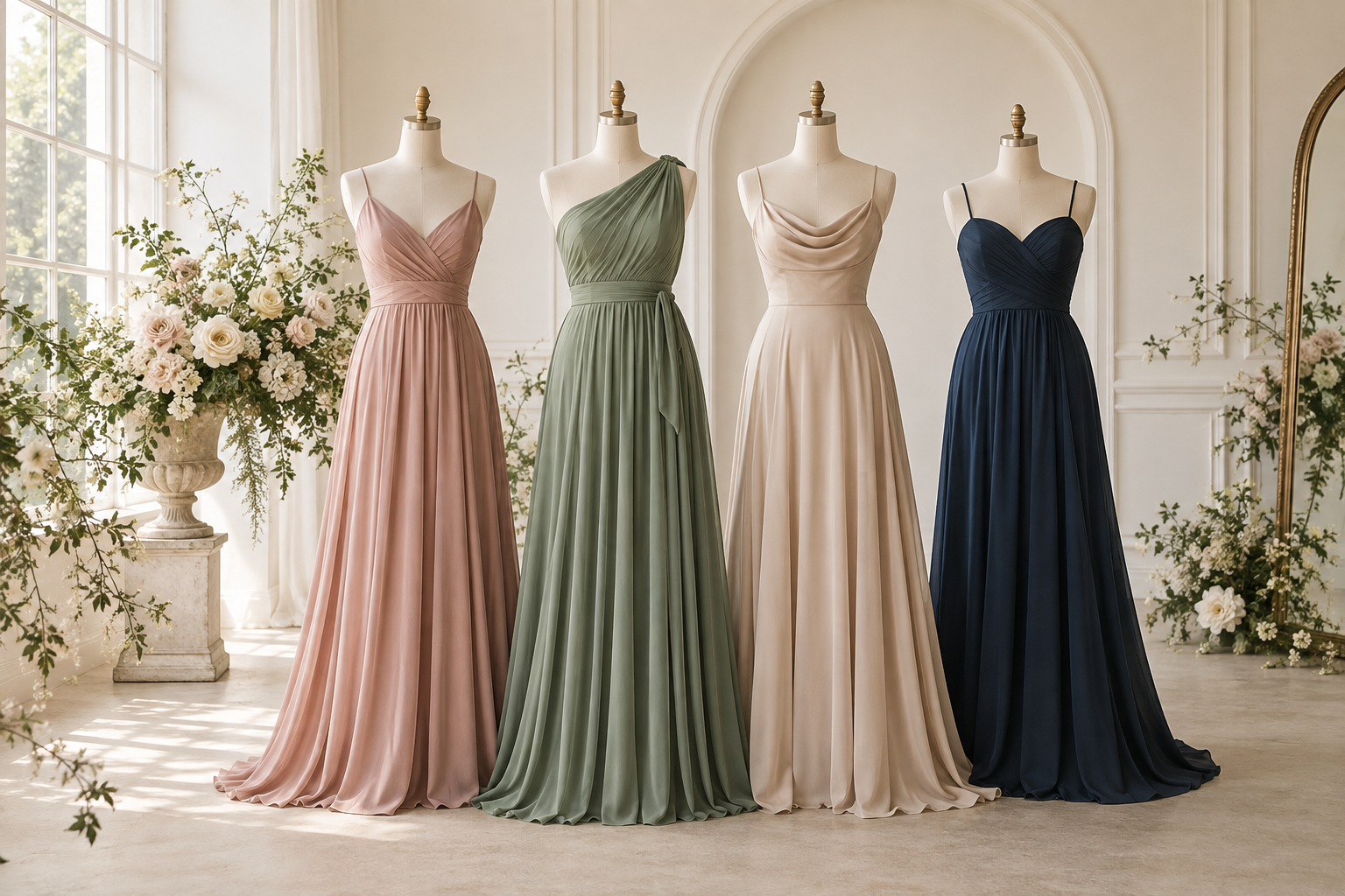 Bridesmaid dresses in dusty rose, sage, champagne and navy