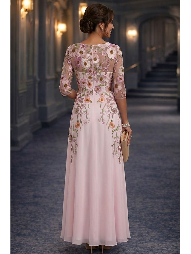 a-line floor length mother of the bride dresses long sleeve illusion neck crew neck elegant vintage chiffon lace with floral print, supplier image 2