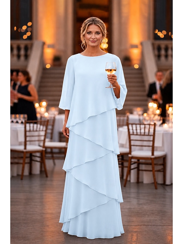 sheath column floor length mother of the bride dresses wedding guest dresses formal dresses evening gown 3/4 length sleeve crew neck elegant chiffon, supplier image 1
