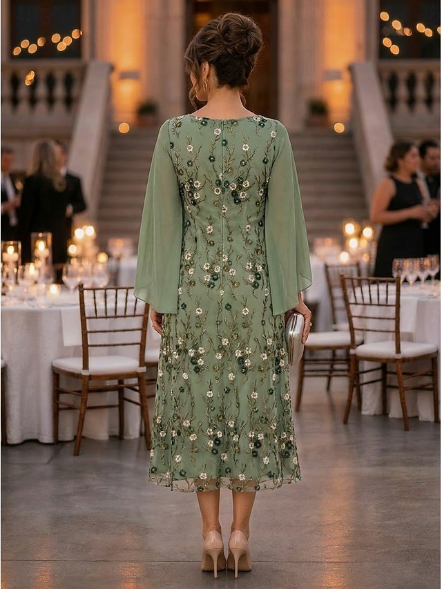 a-line tea length mother of the bride dresses 3/4 length sleeve scoop neck elegant vintage chiffon lace with ruffles, supplier image 2