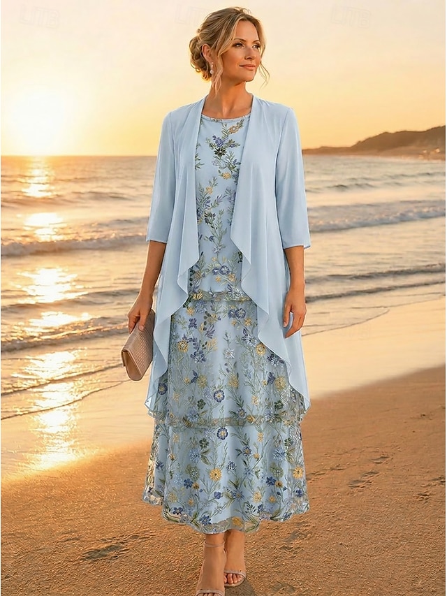 two piece a-line ankle length mother of the bride dresses 3/4 length sleeve half sleeve scoop neck elegant simple luxurious chiffon lace with ruffles, supplier image 7