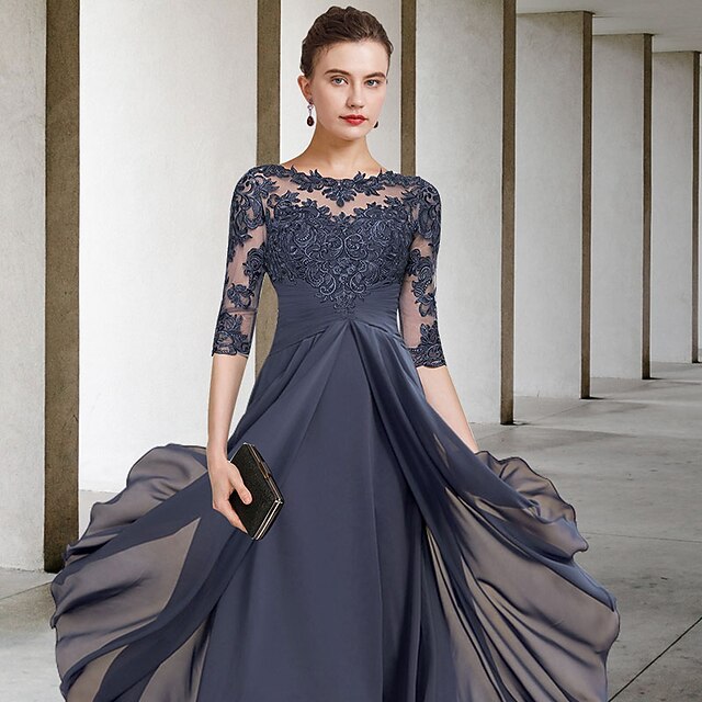 a-line high-low mother of the bride dress wedding guest dress cocktail dress jewel neck half sleeves chiffon lace elegant, supplier image 2