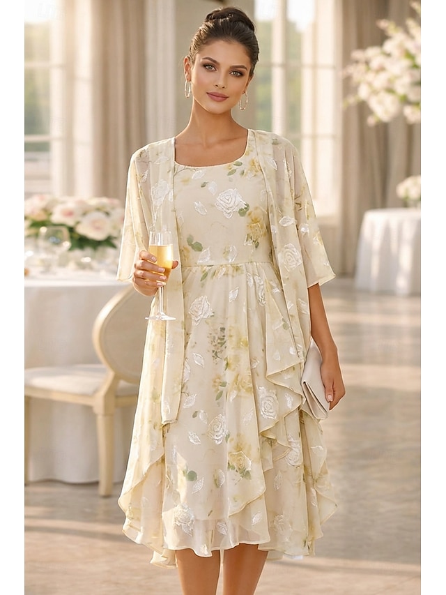 two piece a-line mother of the bride dresses wedding guest dresses knee length chiffon half sleeve, supplier image 5