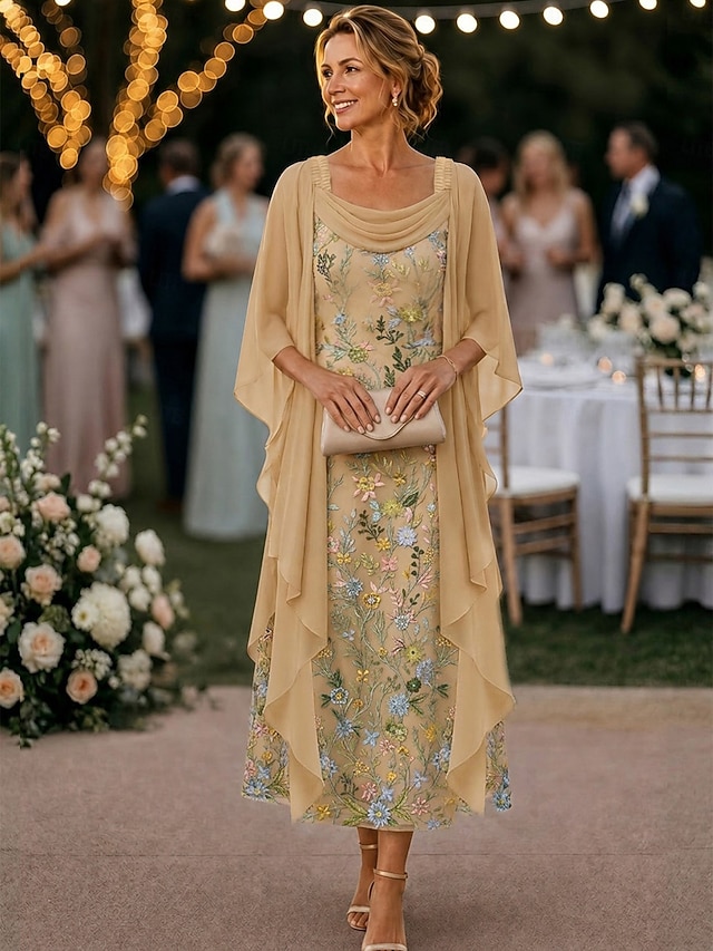 a-line ankle length mother of the bride dresses 3/4 length sleeve scoop neck elegant vintage chiffon lace with ruffles, supplier image 1