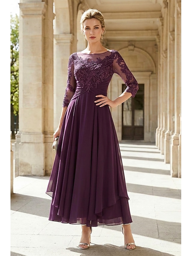 a-line ankle-length mother of the bride dress wedding guest dress cocktail dress jewel neck 3/4 sleeves chiffon lace elegant, supplier image 1